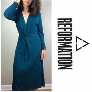 Reformation Emerald Green Long Sleeve Midi Dress